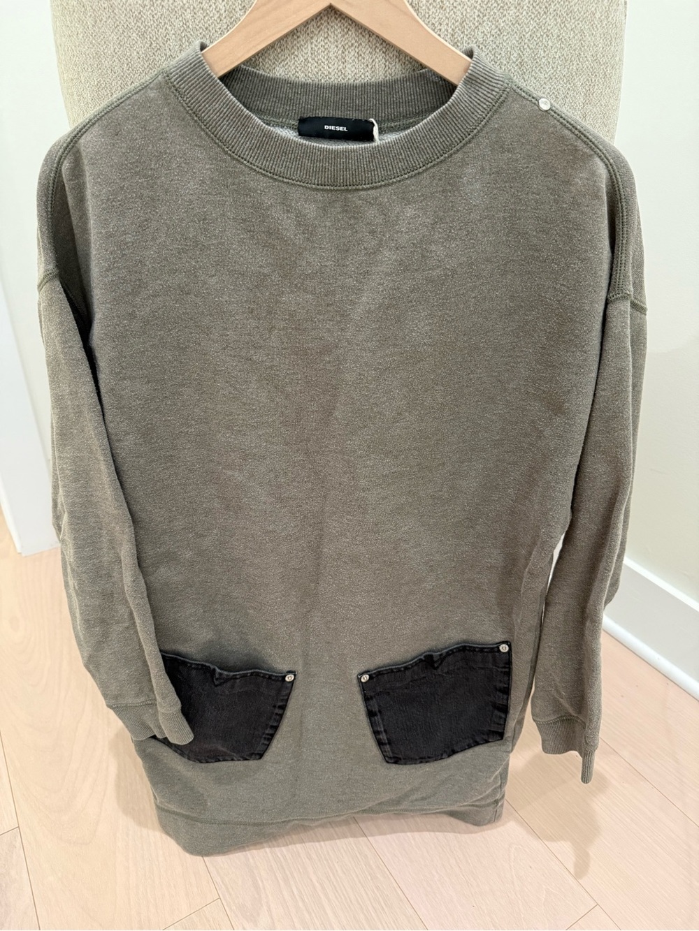 Diesel Olive Green Fleece Crewneck Sweatshirt with Denim Patch Pockets Women’s S